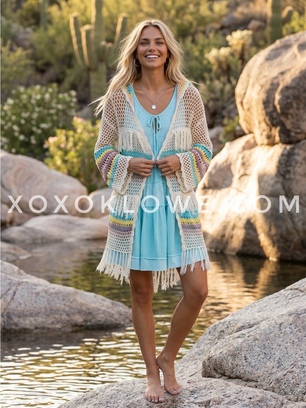 POL Cream Stripe Fringe Hooded Crochet Cardigan | Open Front Chevron Duster
